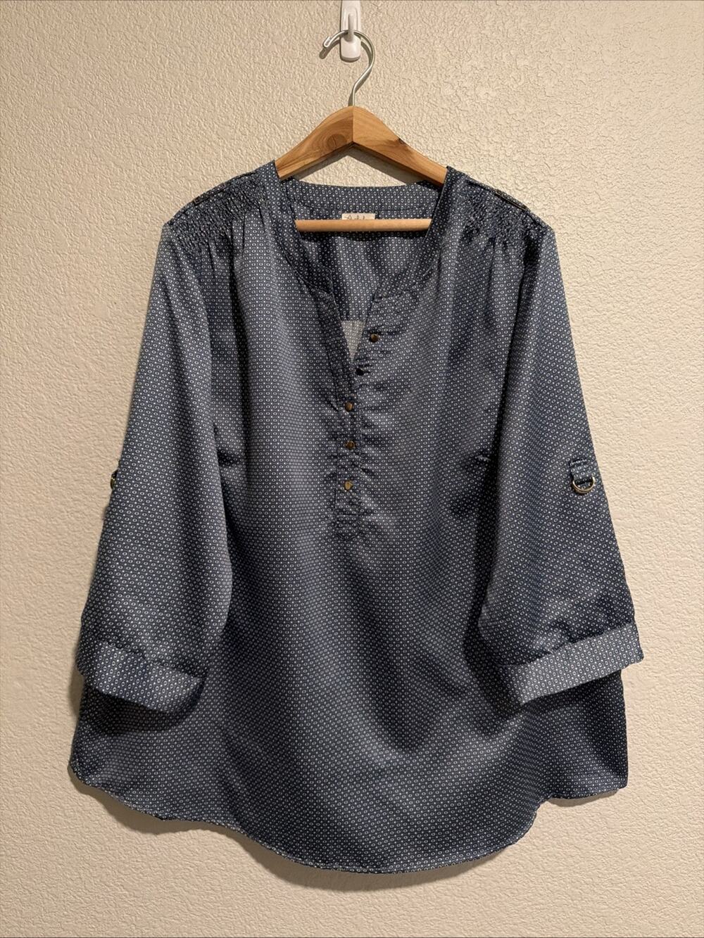 NEW Antilia Femme Blouse Top 2X Satin Luxury Money Career Work Blue Smocking